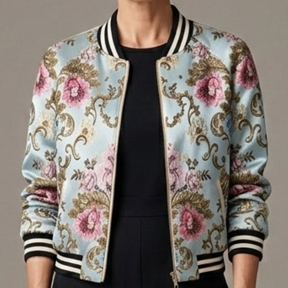 V Cristina Floral Tapestry Bomber Jacket Womens Medium Blue Full Zip Topper
